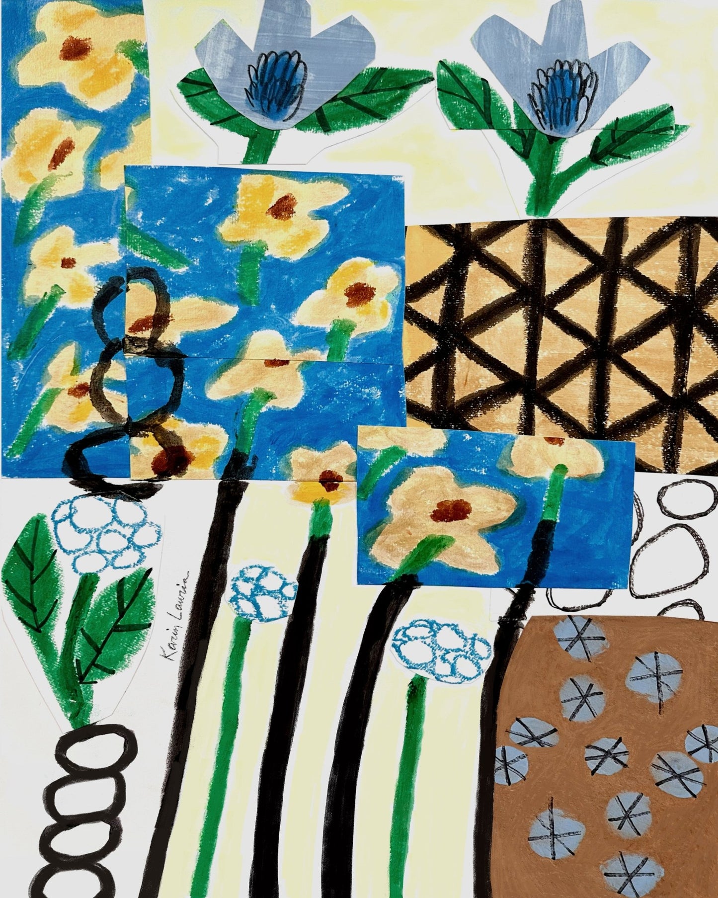 Yellow and Blue Abstract Floral Collage