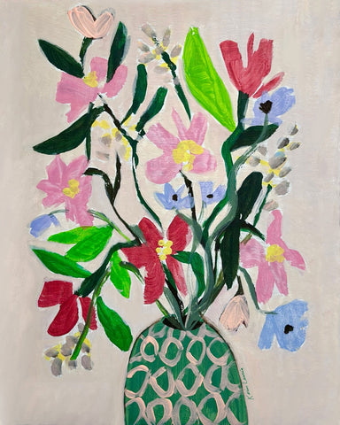 Flowers In Pink and Green Vase