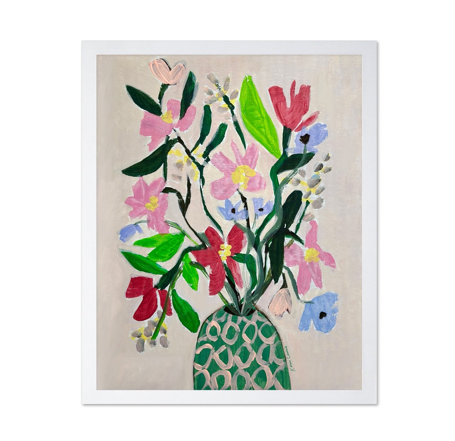 Flowers In Pink and Green Vase