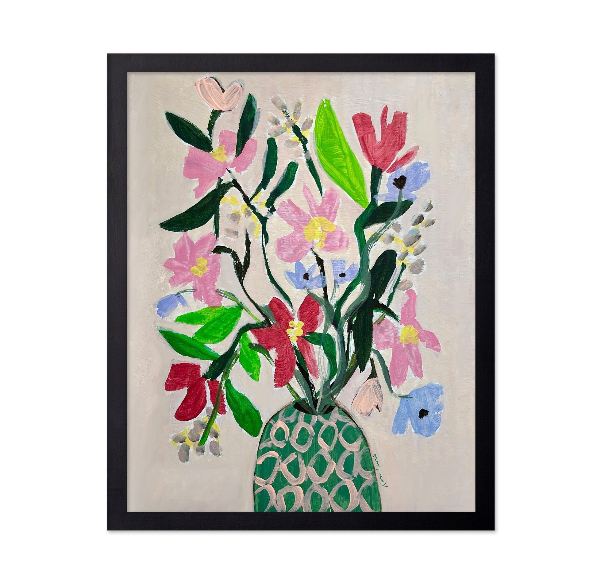 Flowers In Pink and Green Vase
