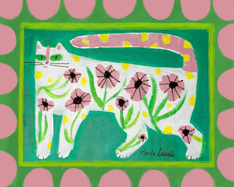 Pink Floral Cat on Green