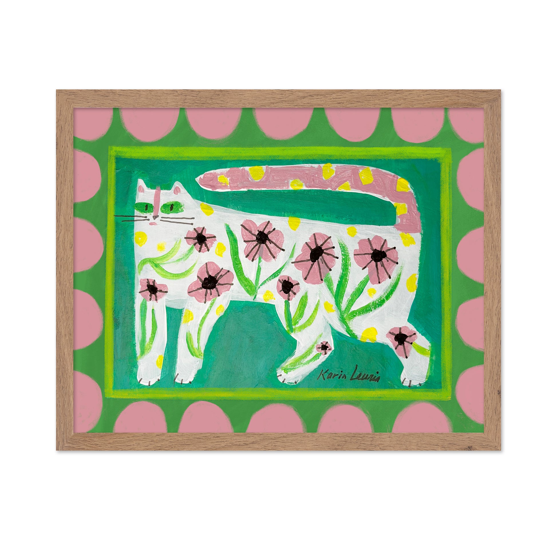 Pink Floral Cat on Green