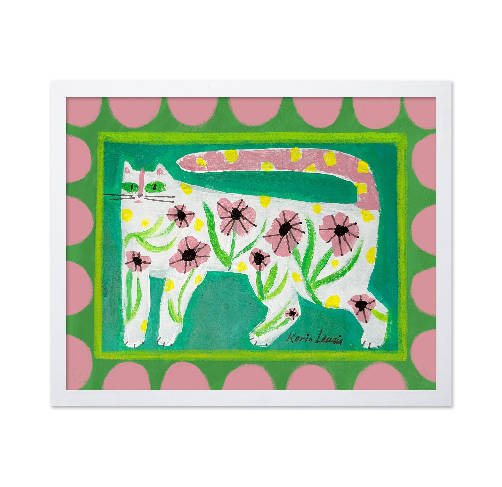Pink Floral Cat on Green