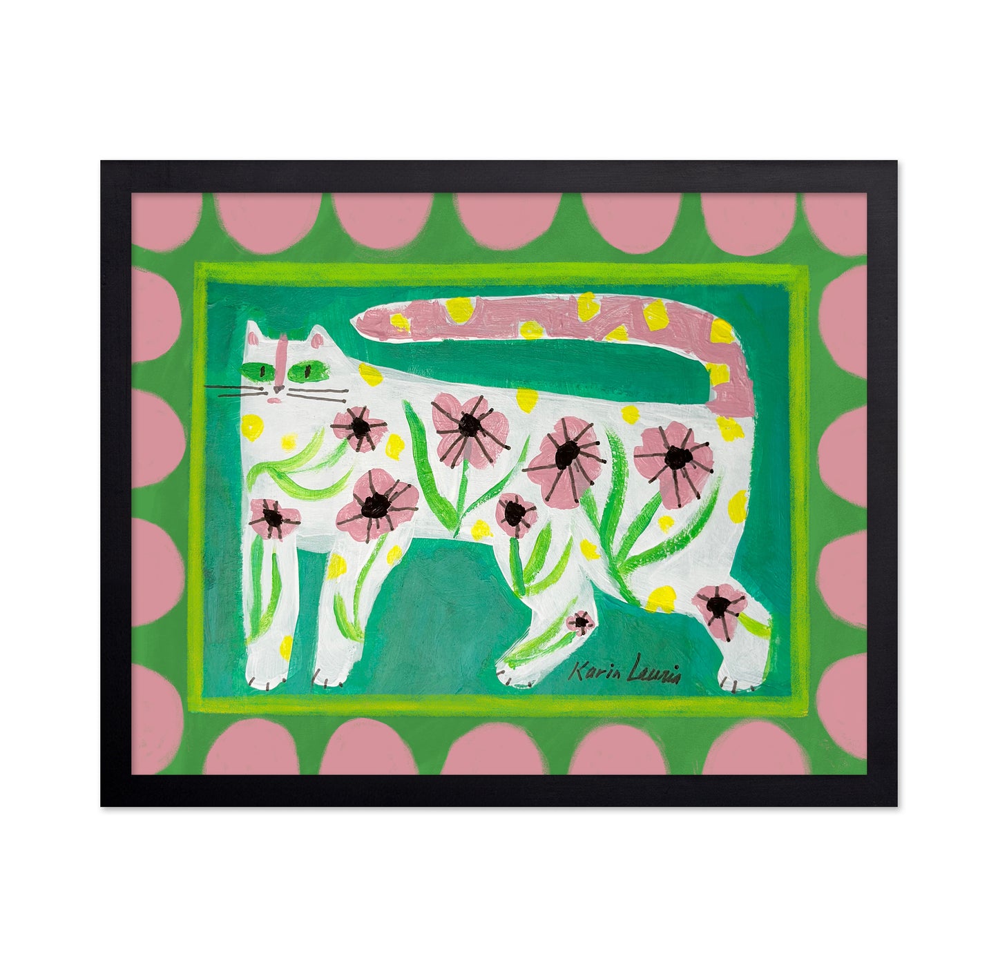Pink Floral Cat on Green