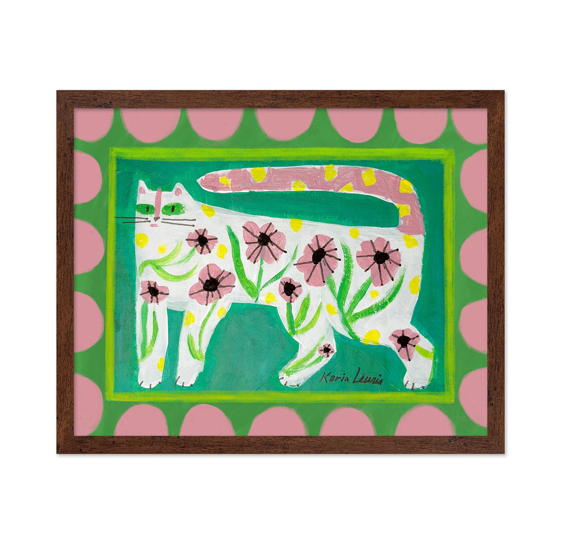 Pink Floral Cat on Green