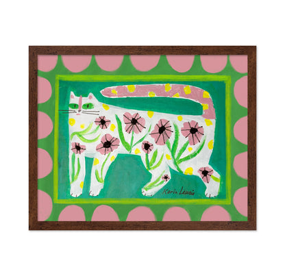 Pink Floral Cat on Green