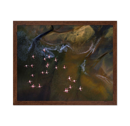 Flamingos Over Abstract Waters