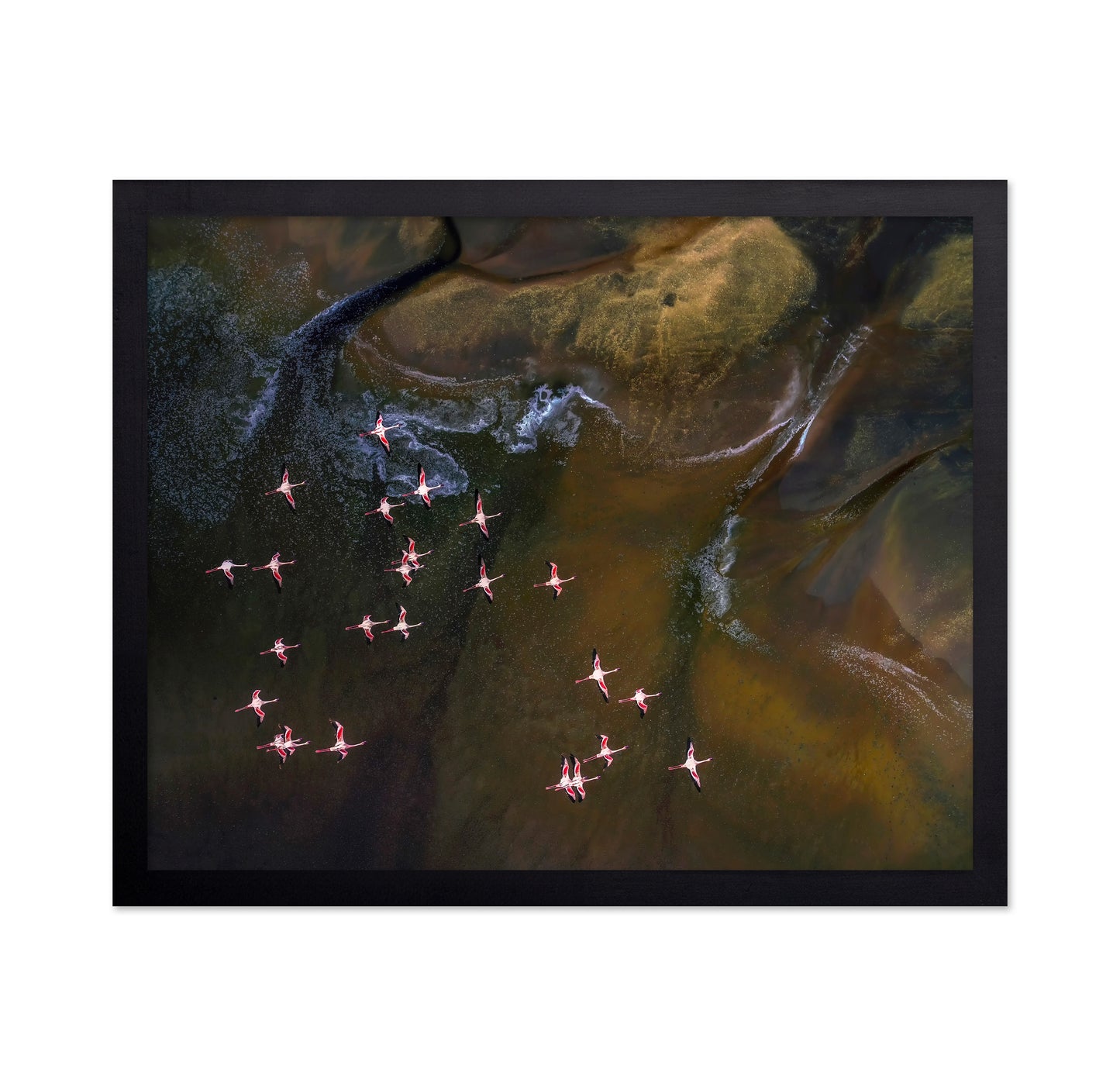 Flamingos Over Abstract Waters