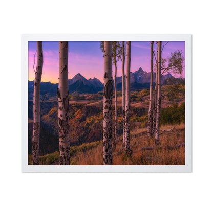 Aspen Trees Framing Mountain Peaks
