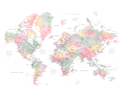Pastel World Map with Cities