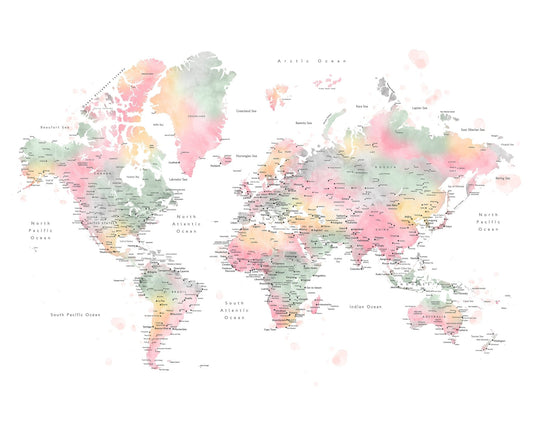 Pastel World Map with Cities