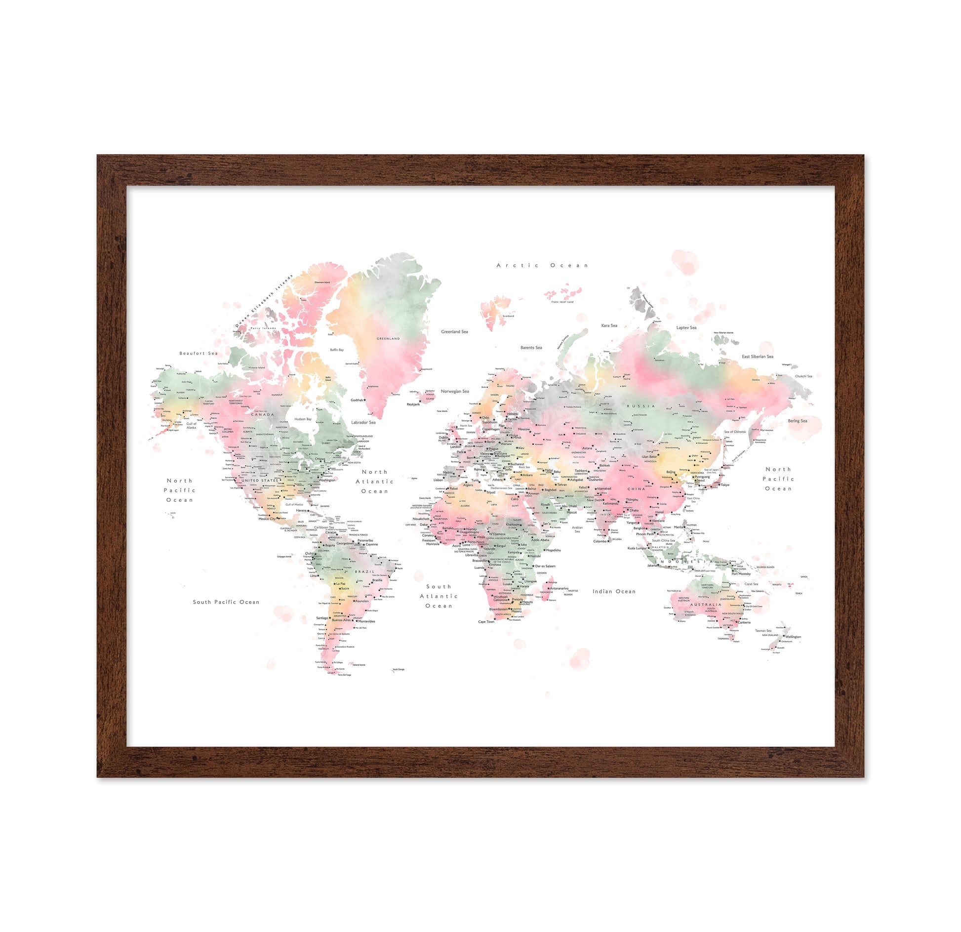 Pastel World Map with Cities