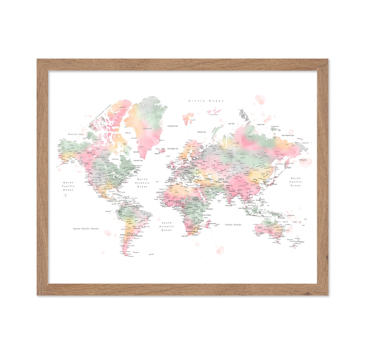 Pastel World Map with Cities