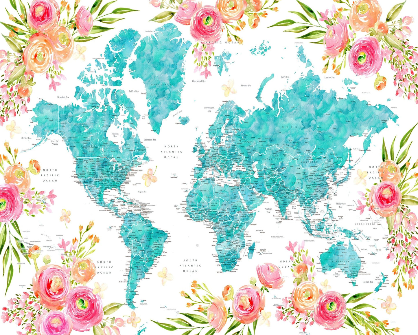 Floral World Map with Cities