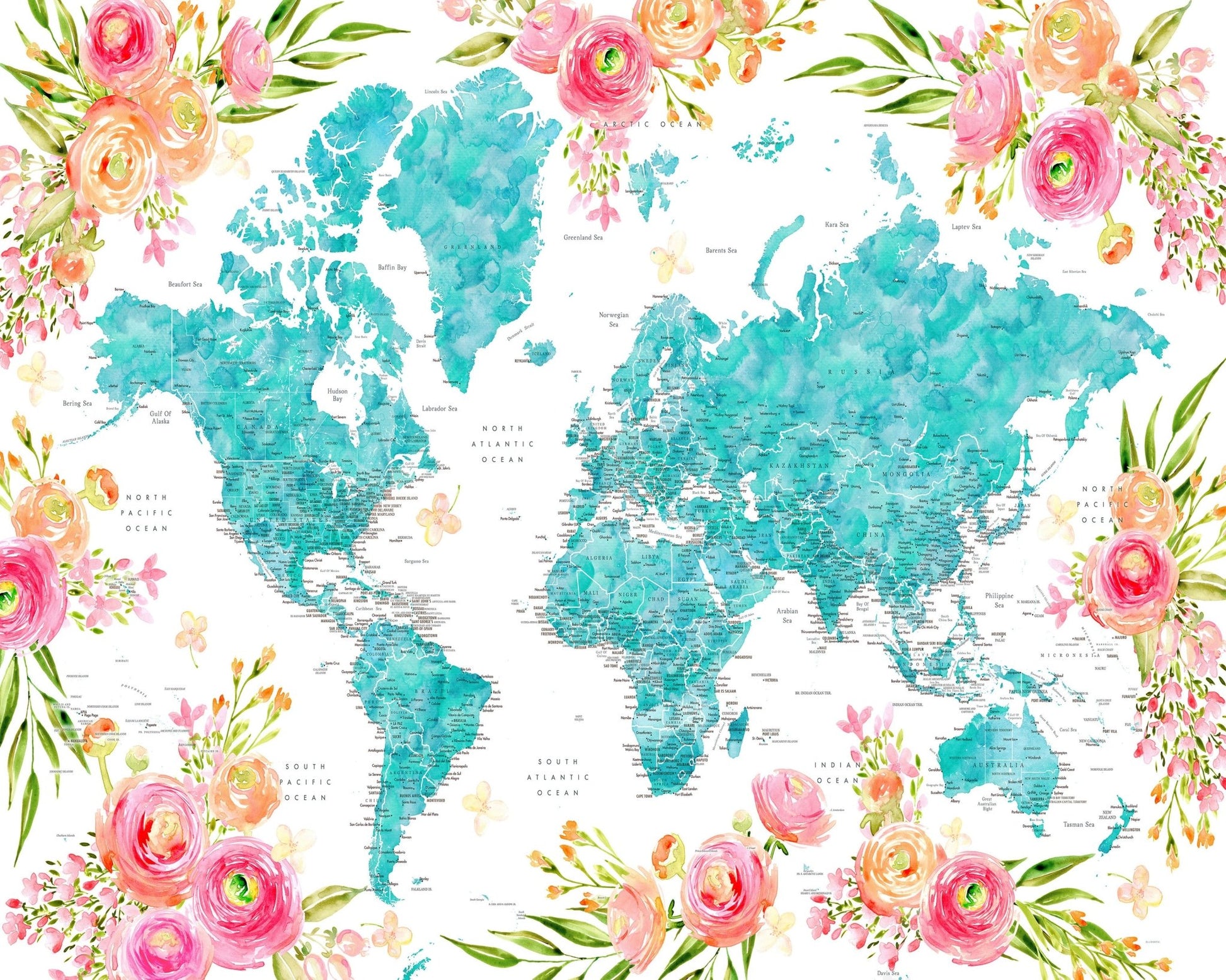 Floral World Map with Cities