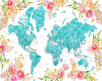 Floral World Map with Cities