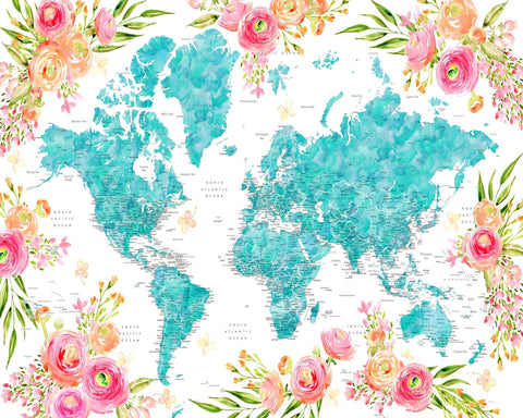 Floral World Map with Cities