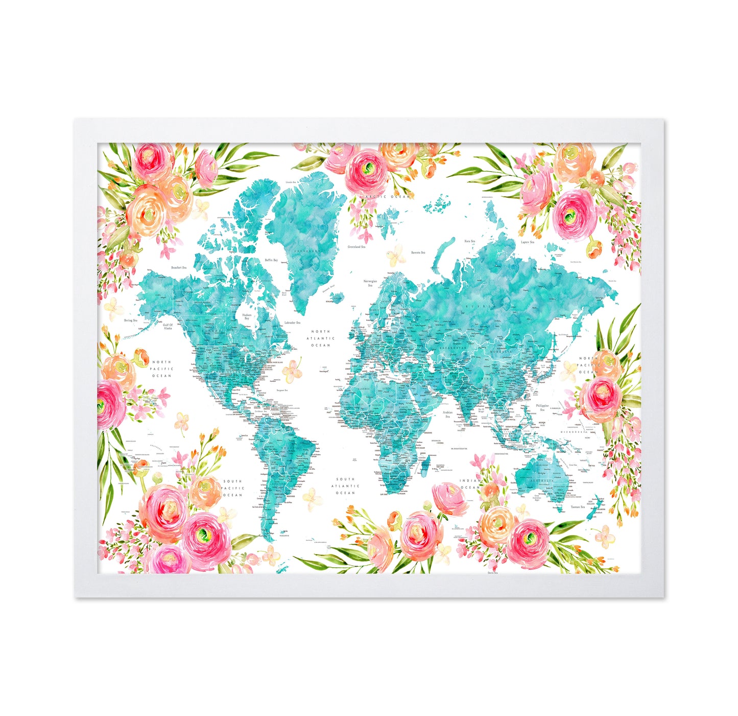 Floral World Map with Cities
