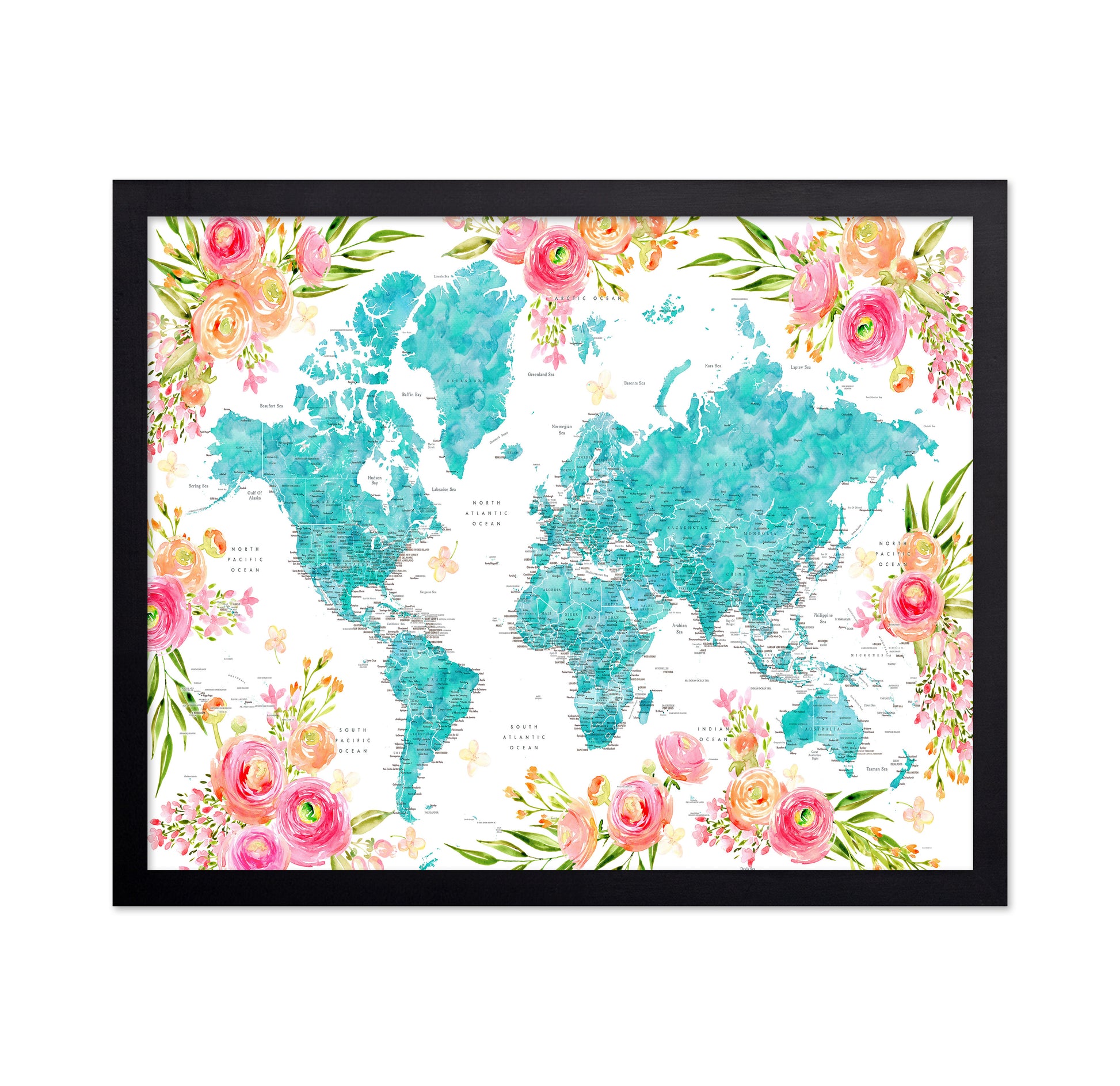Floral World Map with Cities