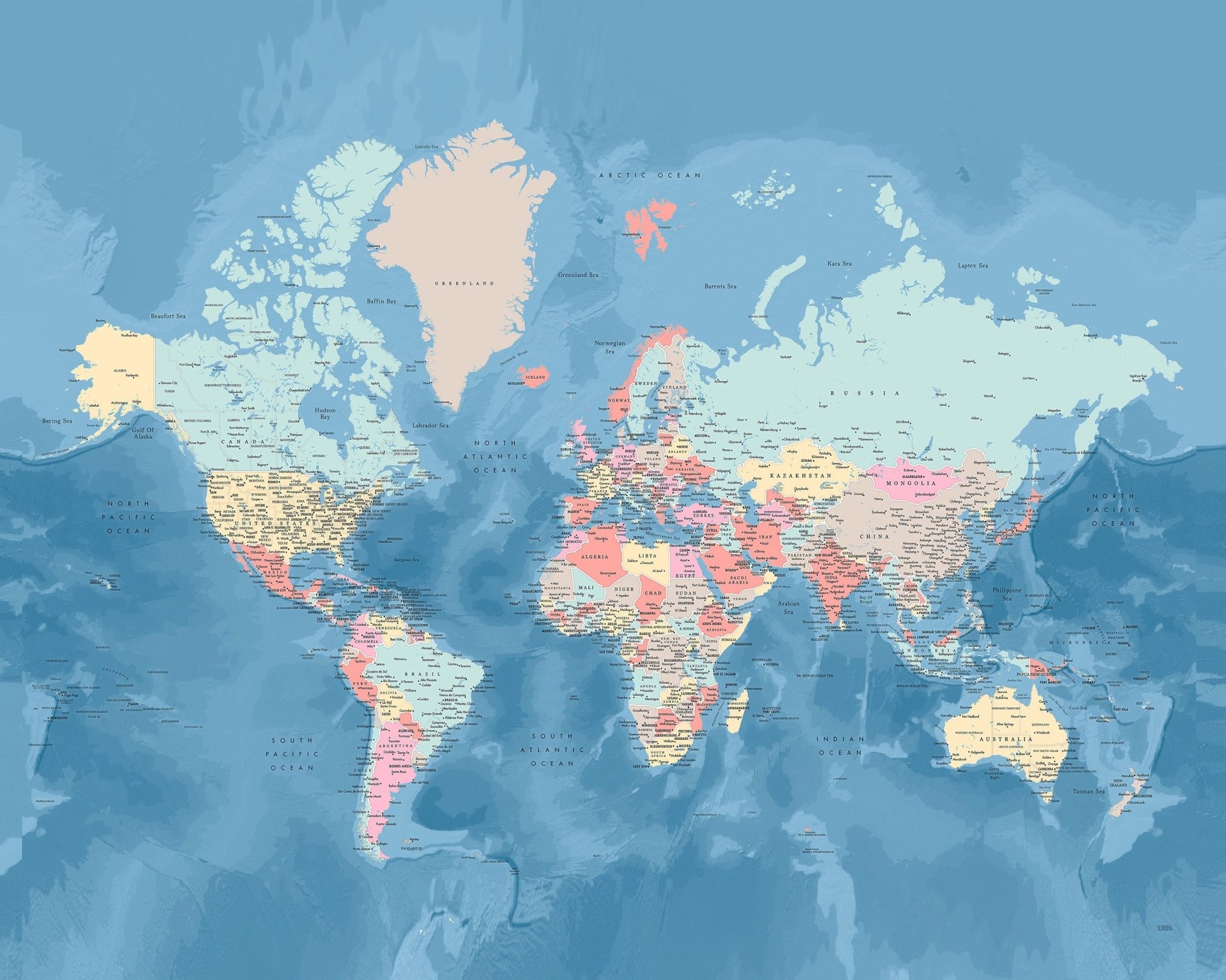 Soft Blue World Map with Cities