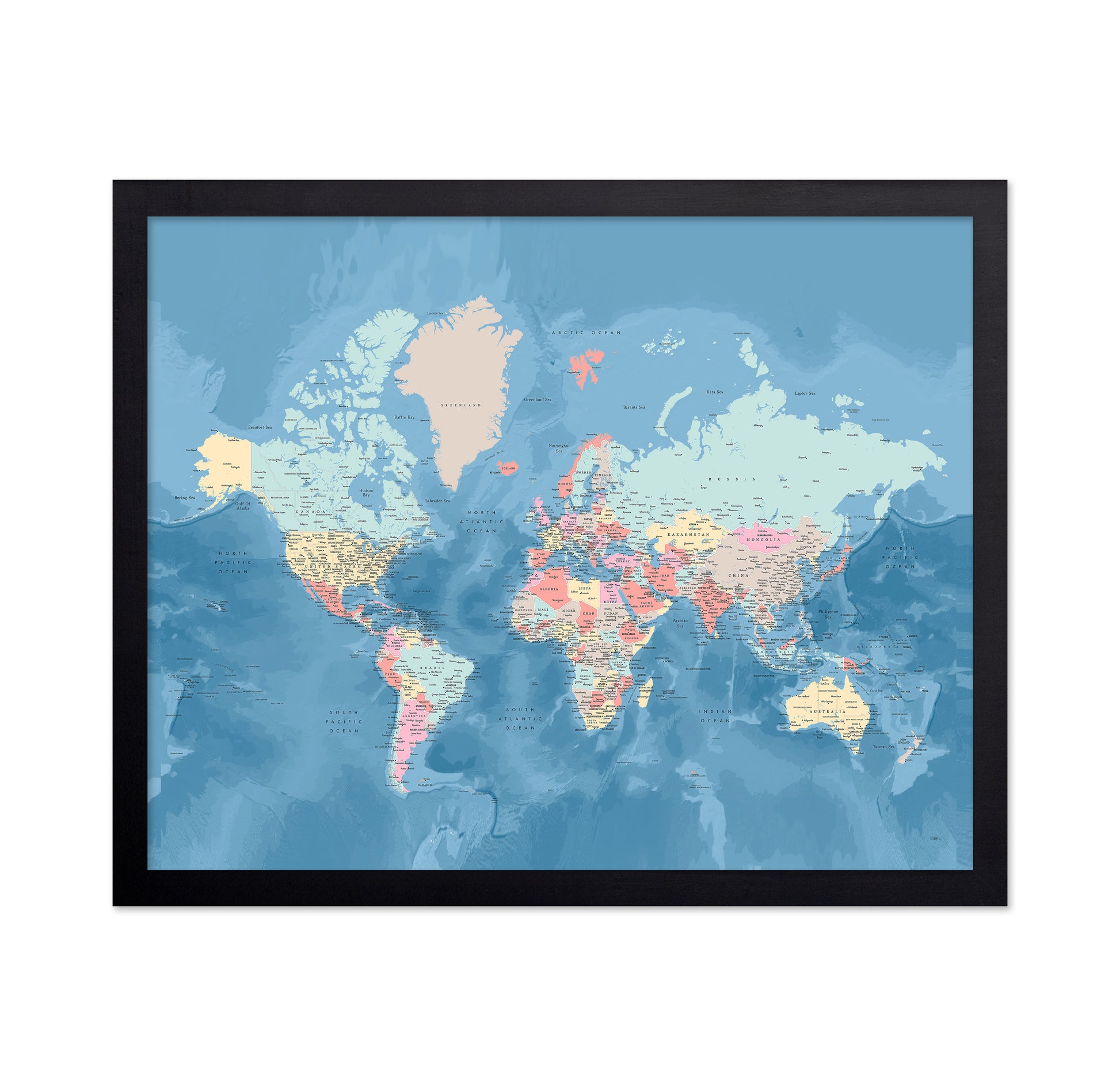 Soft Blue World Map with Cities