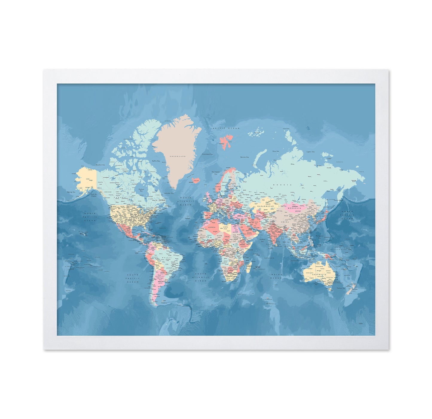 Soft Blue World Map with Cities
