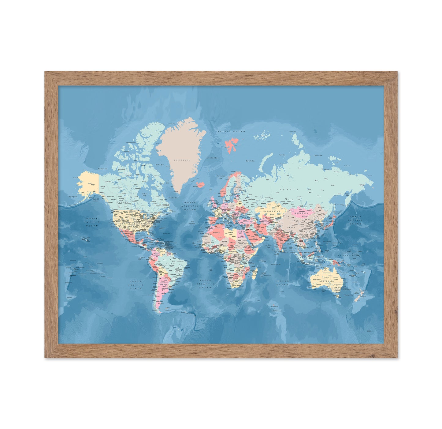Soft Blue World Map with Cities