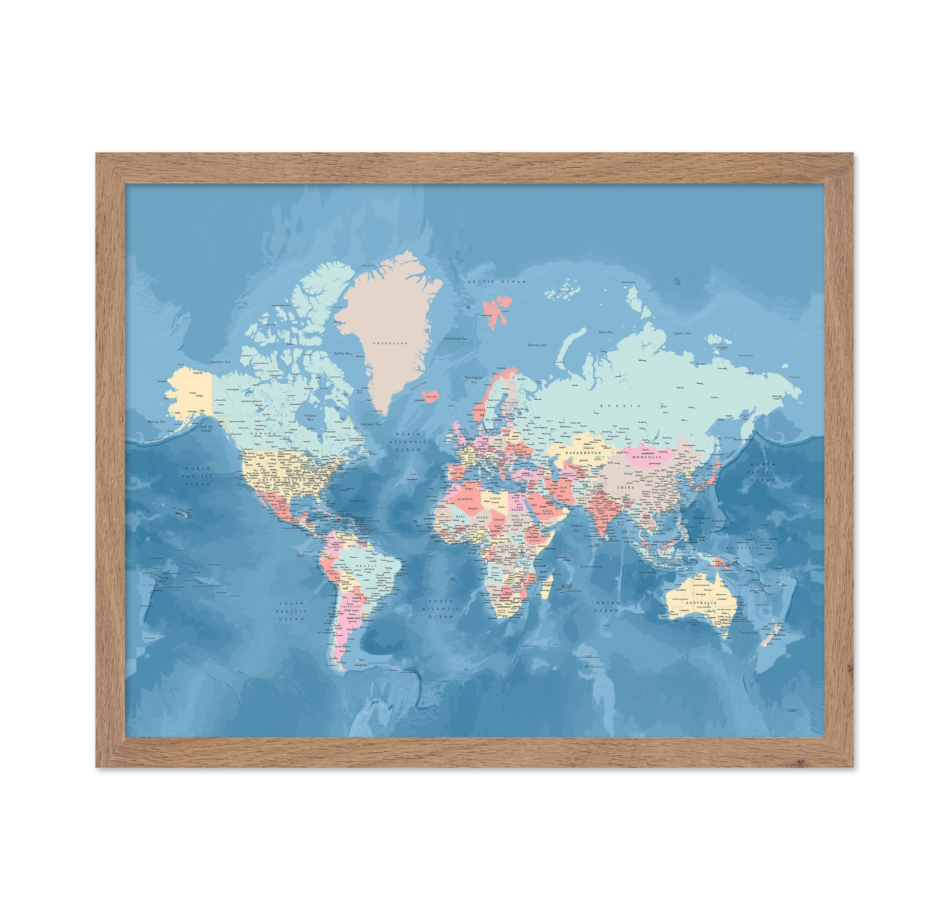 Soft Blue World Map with Cities