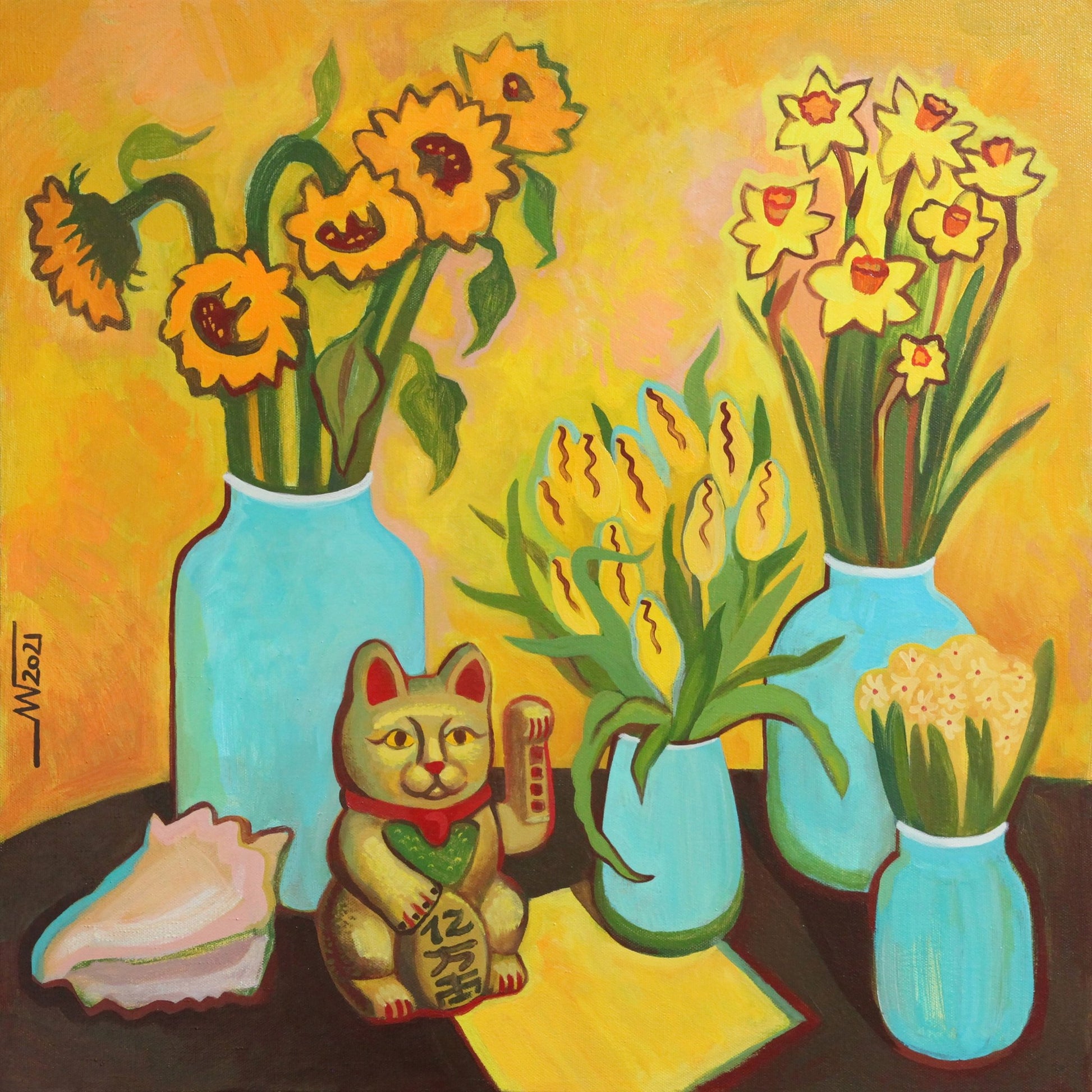 Lucky Cat Floral Scene