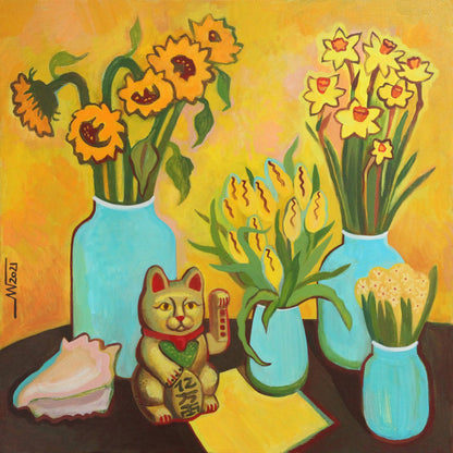 Lucky Cat Floral Scene