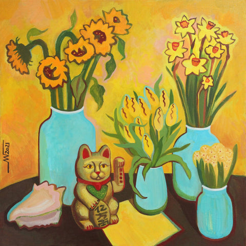 Lucky Cat Floral Scene