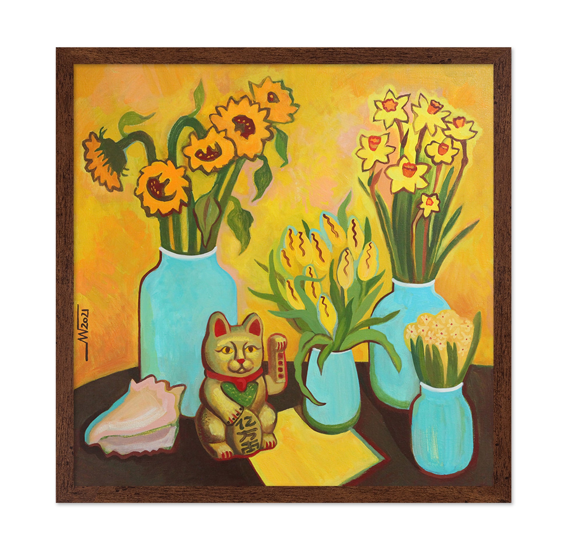 Lucky Cat Floral Scene