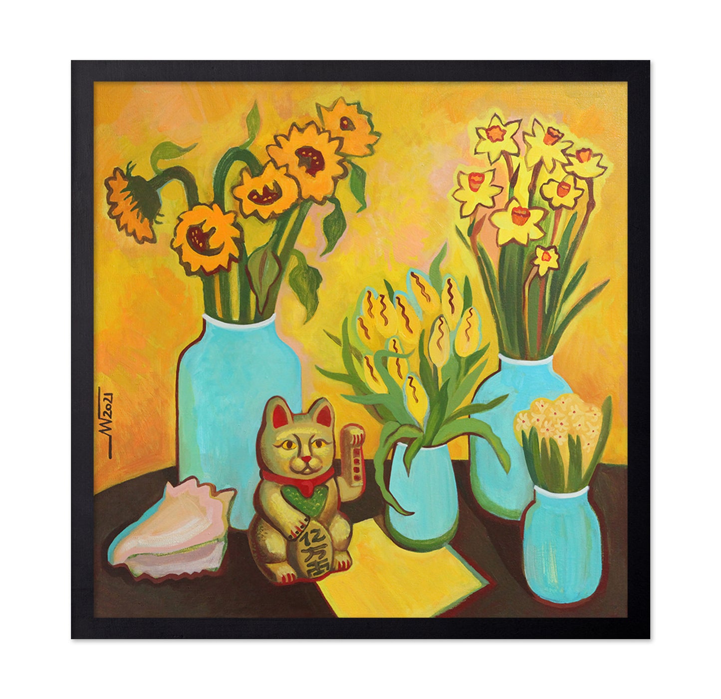 Lucky Cat Floral Scene
