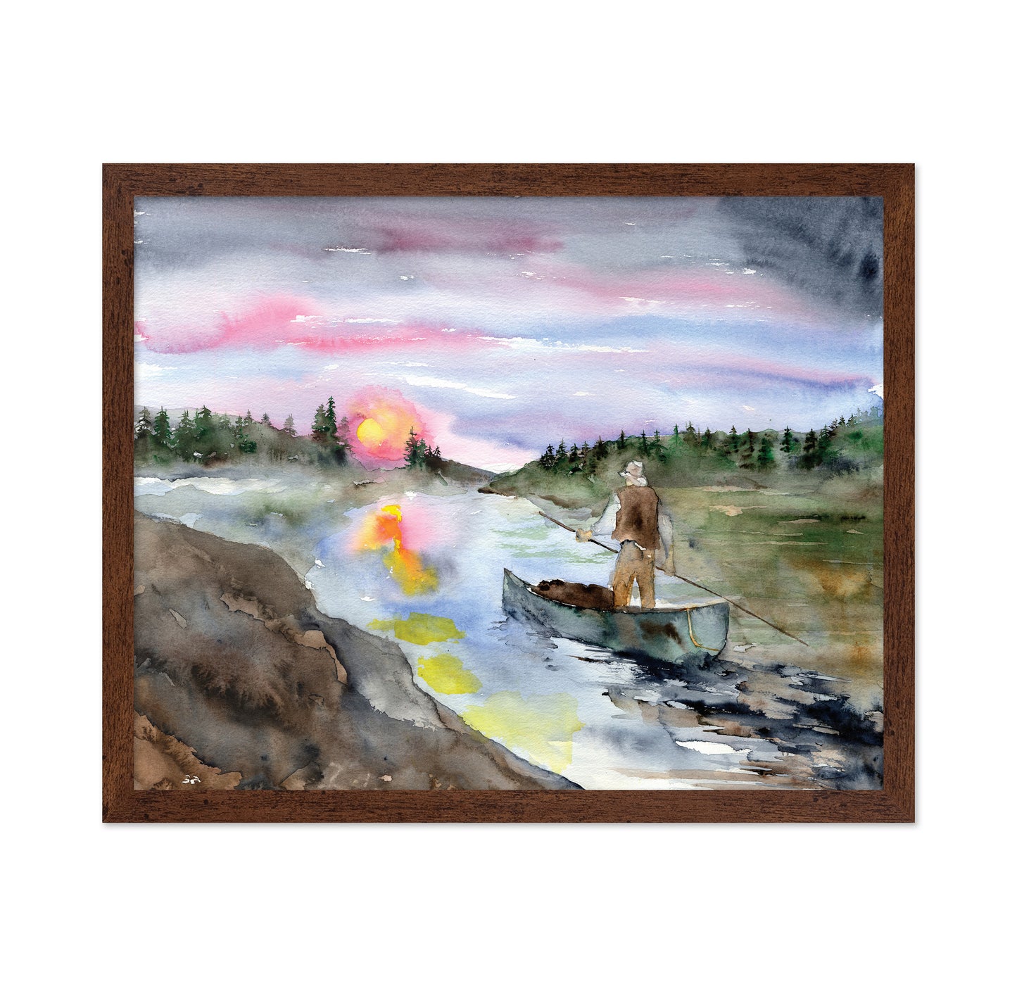 Watercolor Fisherman Landscape