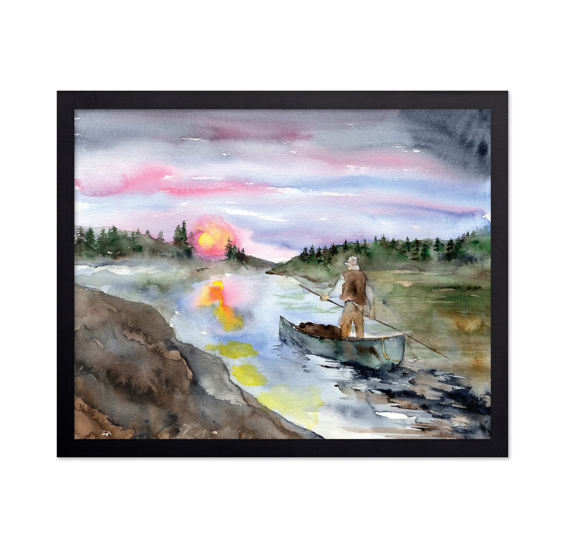 Watercolor Fisherman Landscape