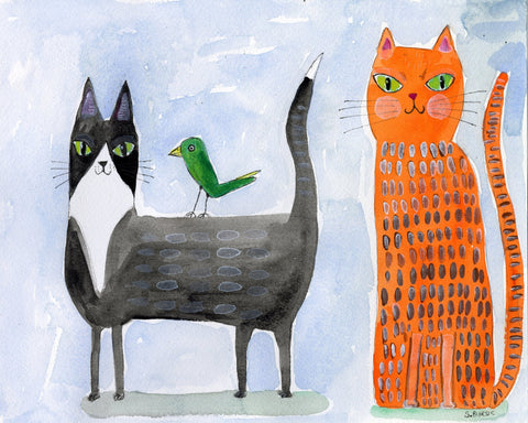 Two Cats With Bird