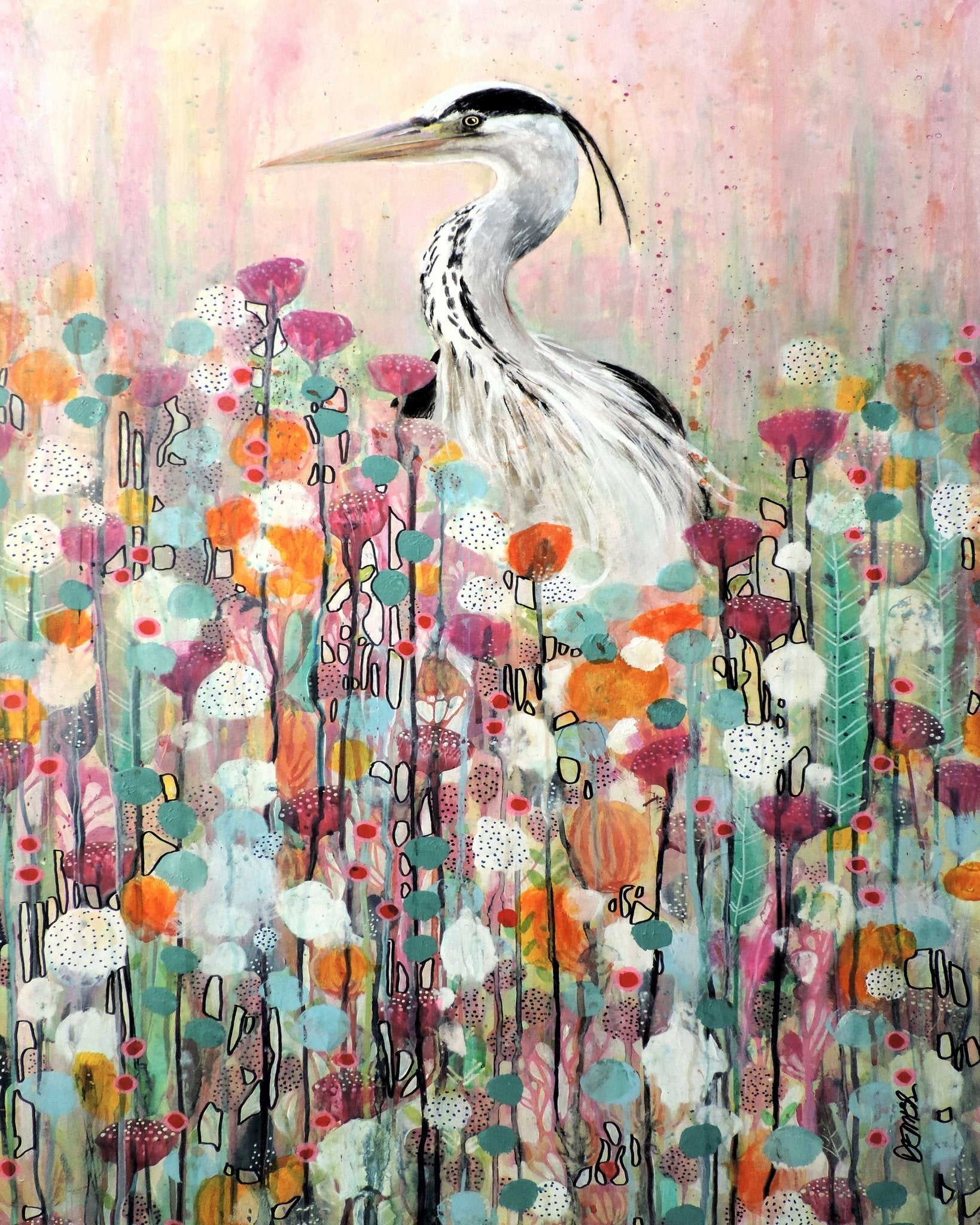 Heron In Floral Field