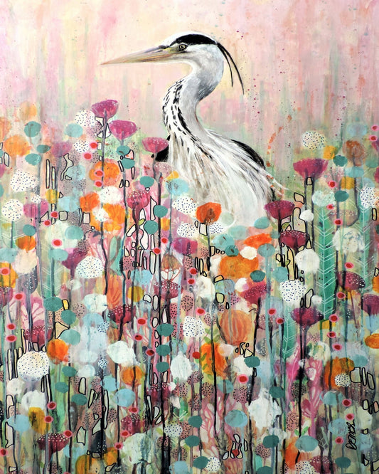 Heron In Floral Field