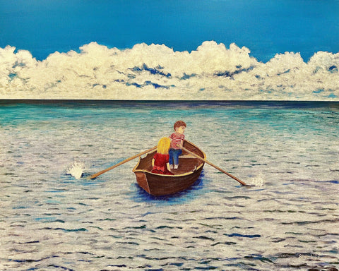 Kids Rowing At Sea