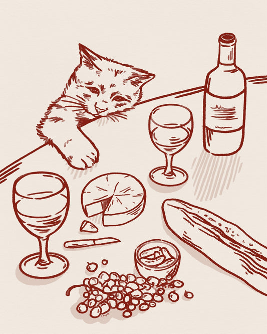 Cat Wine Table Scene