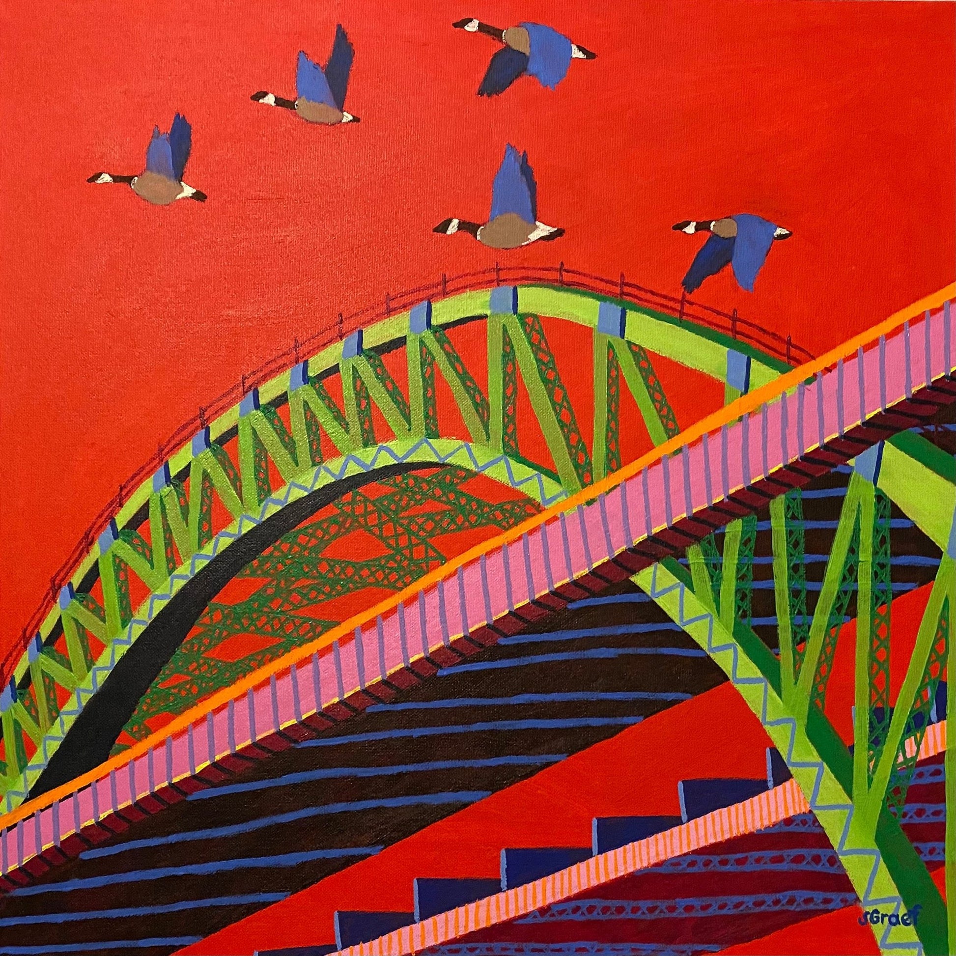 Bridge with Flying Birds