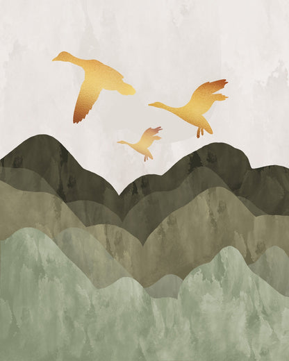Golden Birds Over Hills