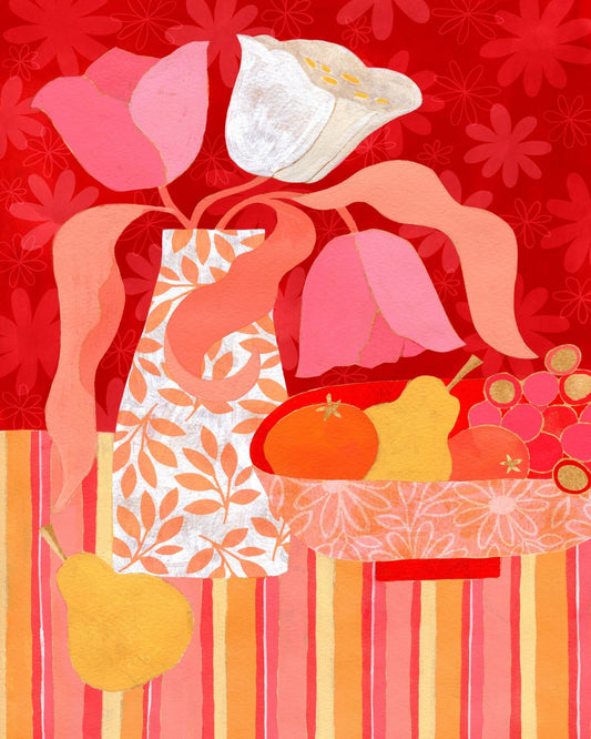 Pink Floral Fruit Still Life