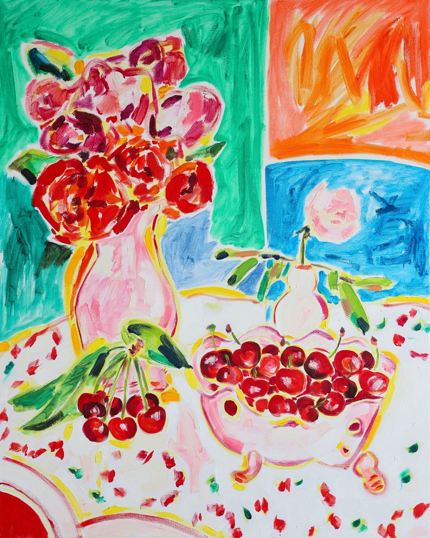 Cherries And Flowers Still