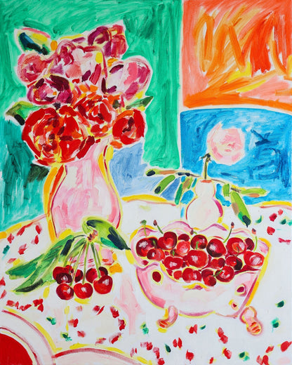 Cherries And Flowers Still