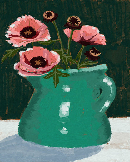 Teal Vase Pink Flowers