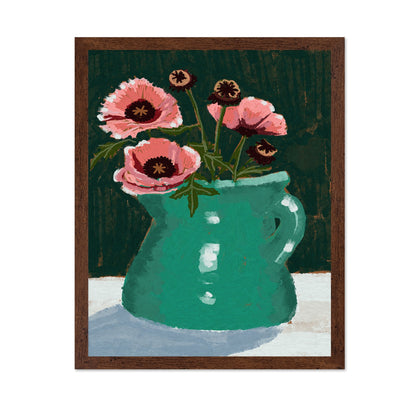 Teal Vase Pink Flowers
