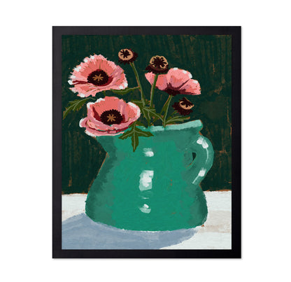 Teal Vase Pink Flowers