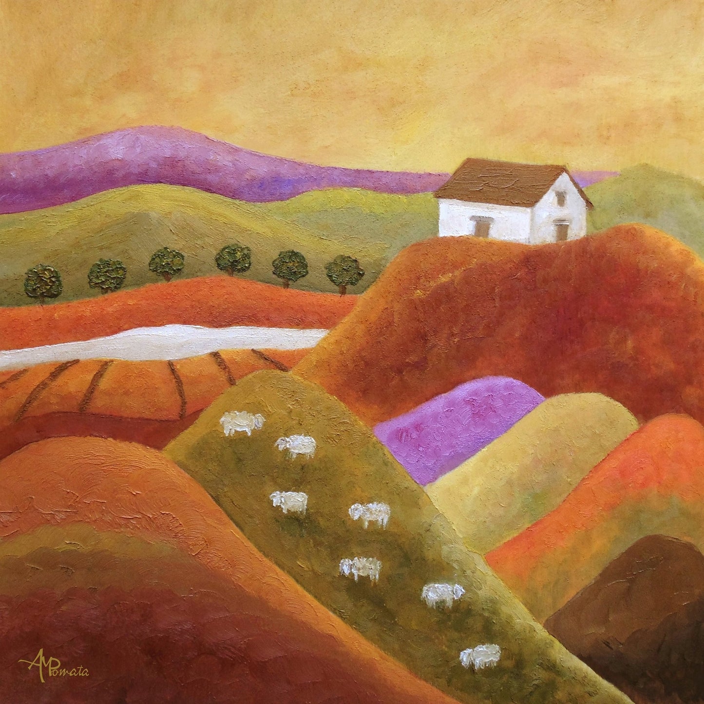 Warm Hills With Sheep And Cottage