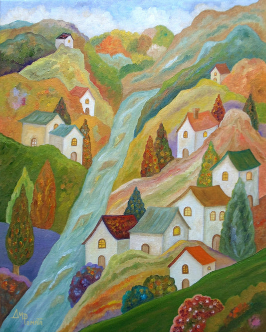 Colorful Hillside Village With River